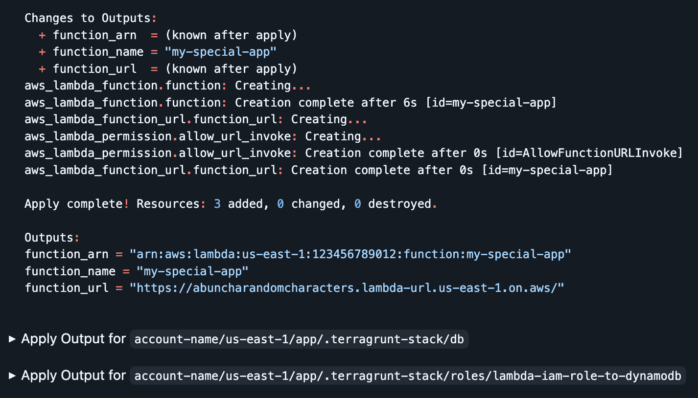 Apply output showing the deployed Lambda function URL