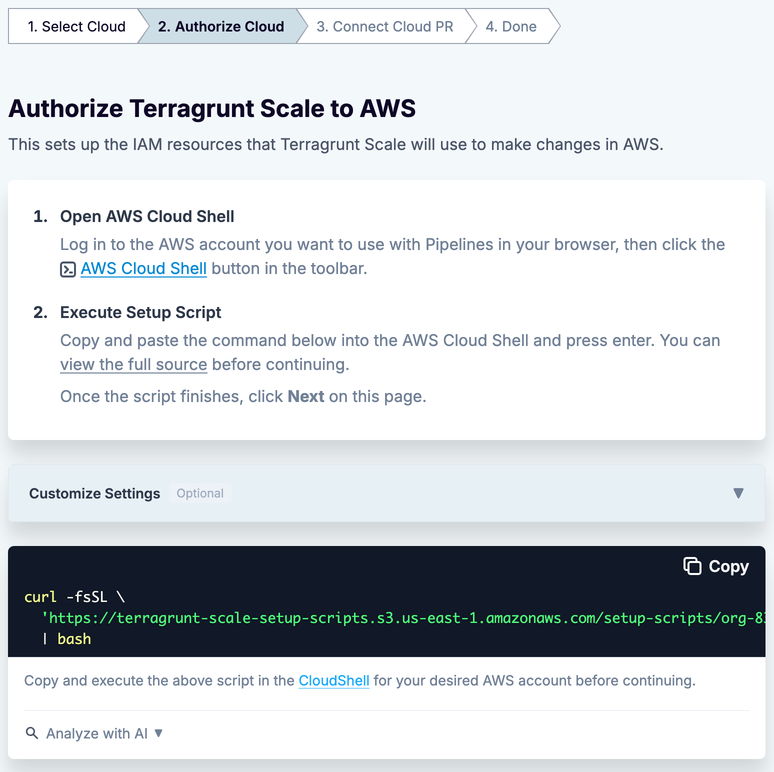 AWS bootstrap script step in the onboarding wizard