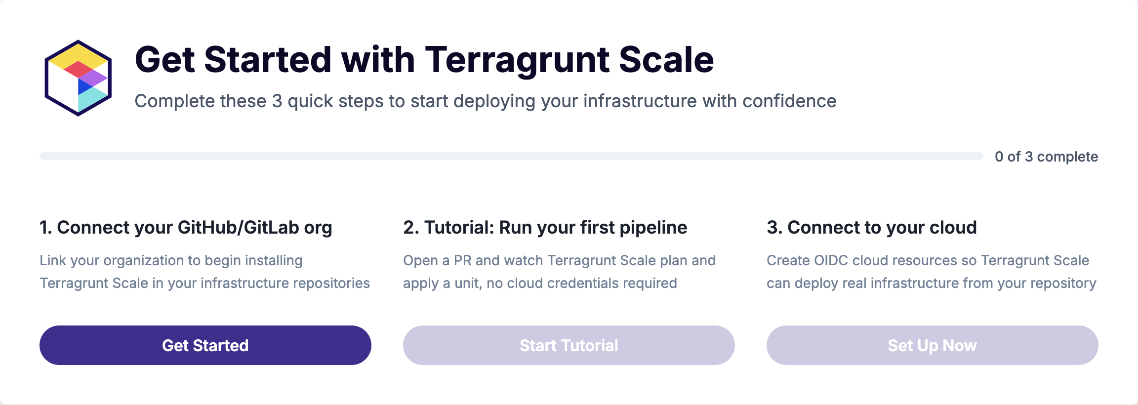 Terragrunt Scale home screen showing the three setup steps