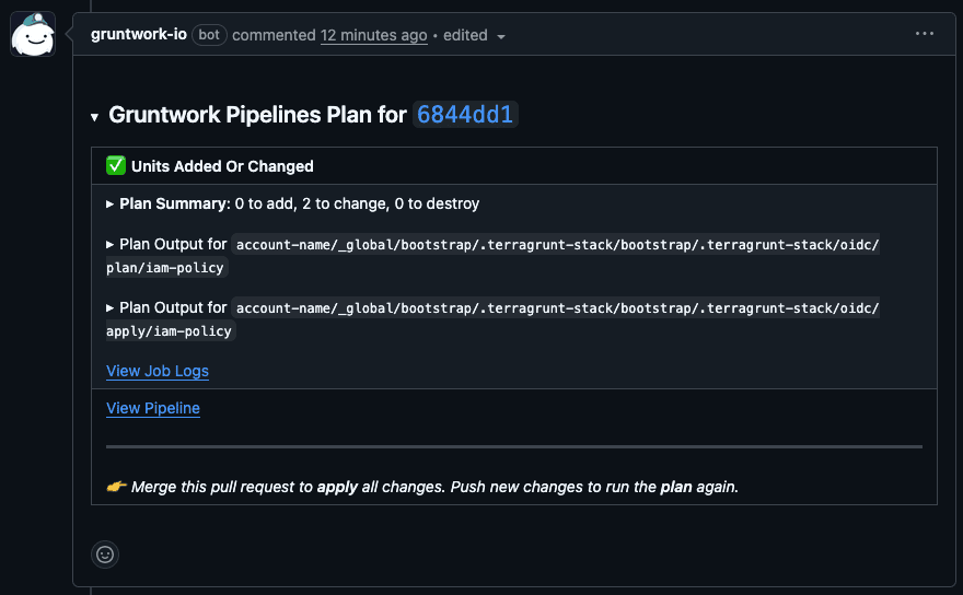 Pipelines plan summary comment on the permissions PR