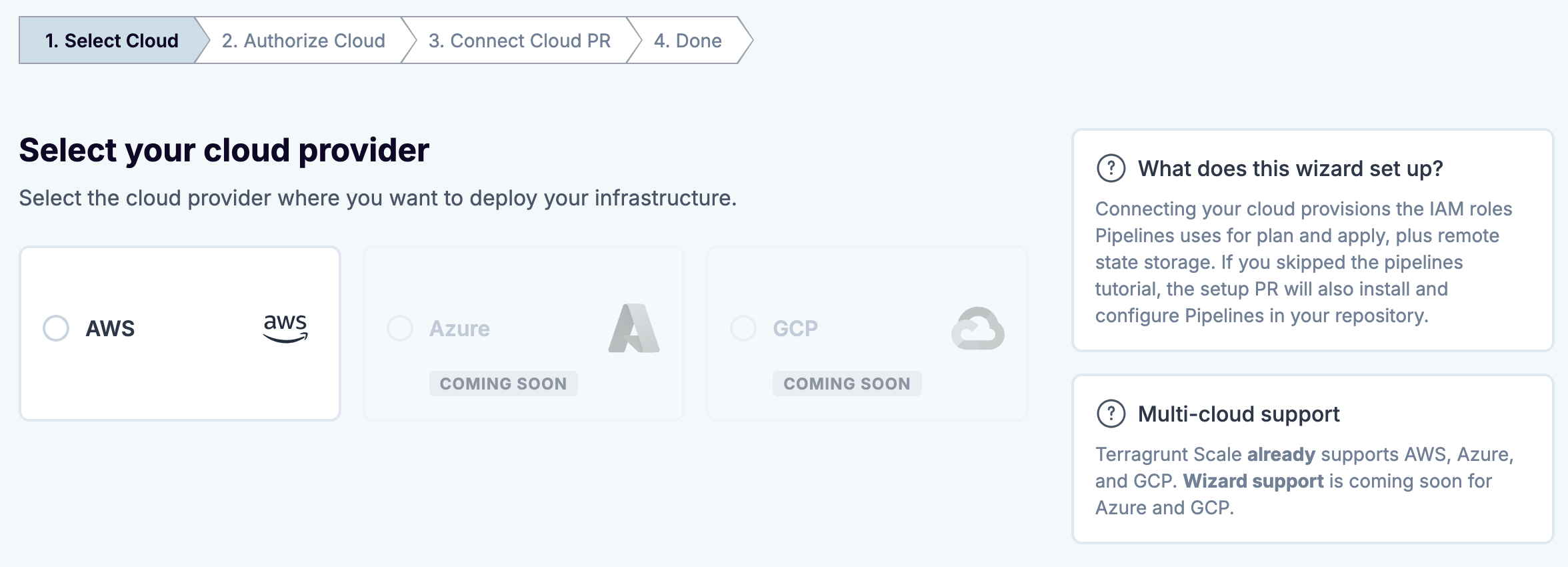 Select your cloud provider step in the onboarding wizard