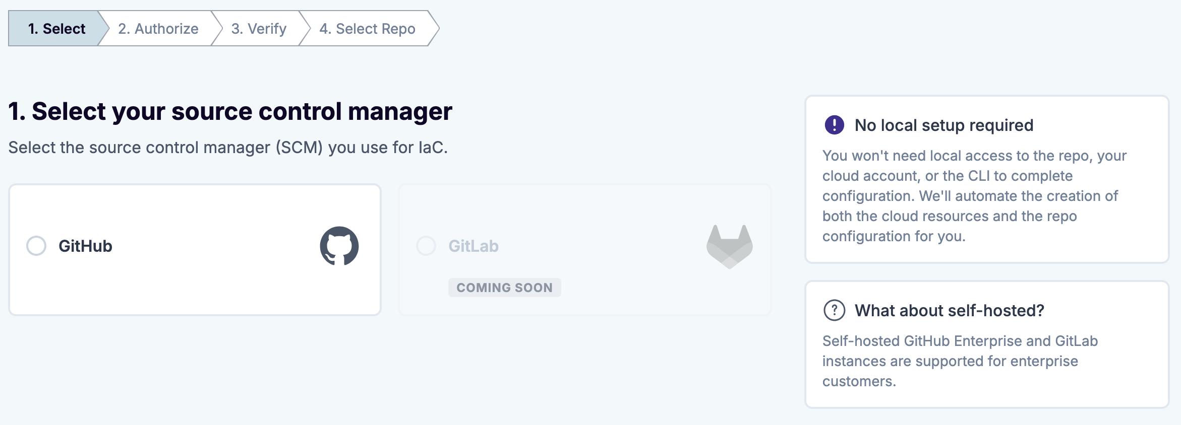 Select your source control manager step in the onboarding wizard
